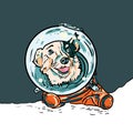 Vector poster with hand drawn dog in space suite. Funny puppy in orange jumpsuit for postcard, flyer