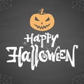 Vector poster with hand drawn type of Happy Halloween, pumpkin and spider on chalkboard background Royalty Free Stock Photo