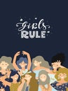 Poster with hand lettering - Girls Rule and girls on background.