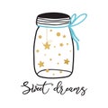 Vector poster kids room with text Sweet dreams Cute nursery poster for baby with gold stars into glass jar Good night