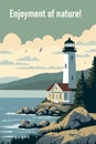 _Vector poster with a lighthouse on the lake, against the background of the sky and the forest. Text - enjoyment of nature