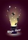 Vector poster with magician hat with flying cards and magic wand