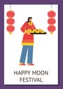 Vector poster mid autumn, happy moon festival illustration, Chinese woman greeting with tray mooncakes, paper lantern Royalty Free Stock Photo