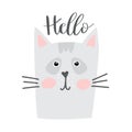 Vector poster, nursety illustration, cute cat face, hand lettering hello text Royalty Free Stock Photo