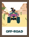 Vector poster with purple quad bike with woman off-road driving in wild nature, extreme sport, outdoor adventure concept Royalty Free Stock Photo