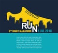 City marathon. Poster - running, sport shoe and the city. Vector illustration.