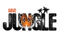 Vector poster save the jungle. Tiger on a black background with palm trees.