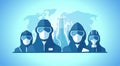 Vector poster with scientists, lifeguards, doctors, builders dressed in protective suits and masks