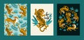 Vector poster set of tigers and tropical leaves. Trendy illustration