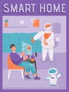 Vector poster of Smart Home concept. Robot assistant helping