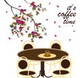 Vector poster with spring. All wakes up, flowers sakura blossom. Typography card, image with lettering. It`s coffee time.