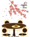 Vector poster with spring. All wakes up, flowers sakura blossom. Typography card, image with lettering. It`s coffee time.