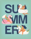 Vector Poster summer illustration card with girl swimming on animal float circle in ocean waves with calligraphy Summer Royalty Free Stock Photo