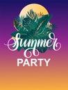 Vector poster Summer party with copy space for your text. Advertising vertical template with sun and tropical bouquet. Royalty Free Stock Photo