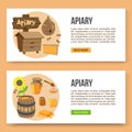 Vector poster template of apiary and honey theme. Illustrations of bee house, sun flower and honey. Bees and honeycomb