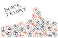 Vector poster, title, frame on theme of black Friday, shopping, discounts and sales. Border from hand drawn outline gifts,