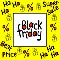 Vector poster, title, frame on theme of black Friday, shopping, discounts and sales. Border made from hand drawn outline gifts, Royalty Free Stock Photo