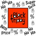 Vector poster, title, frame on theme of black Friday, shopping, discounts and sales. Border made from hand drawn outline gifts, Royalty Free Stock Photo