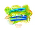 Vector poster with tropical leaves and text Summer Sale on the realistic multicolors smear. Bright discount banner with