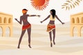 Vector, poster. Two beautiful African women dancing  in the desert, plants, abstract shapes and landscape in the desert and sun. Royalty Free Stock Photo