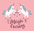 Vector poster with unicorns on the pink background. Fantasy childish card design.