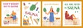 Vector posters with accessories for relaxation in banya and people enjoying sauna