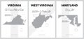 Vector posters with highly detailed silhouettes of maps of the states of America, Division South Atlantic - Virginia, West