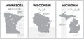 Vector posters with highly detailed silhouettes of maps of the states of America, The Great Lakes region - Minnesota, Wisconsin,