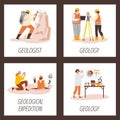 Vector posters set geologist and technical equipment for excavation, research, measurement, science geological discovery