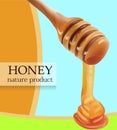 Vector Pouring Honey From Wooden Stick Realistic illustration. Card, Poster, Shop, Advertisement Template. Royalty Free Stock Photo