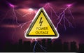 Vector power outage background with warning sign and dars city siluettes Royalty Free Stock Photo