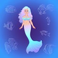 Vector pretty mermaid with sea fishes cartoon style. Royalty Free Stock Photo