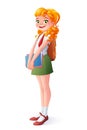 Vector pretty smiling school student redhead girl standing with books.