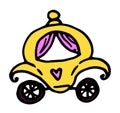 Vector princess carriage. hand-drawn fairy-tale golden carriage in cartoon style with pink curtains and a heart on the