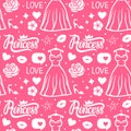 Vector Princess seamless pattern style. White hand drawing dress, inscription, flower, kiss and shoe. Pink girl surface