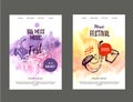 Vector print music poster set with watercolor stain and doodle icons. Abstract jazz background