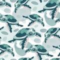 Vector print with a seamless turtle pattern on a background of spots, sea bubbles. Turtles swim in different directions