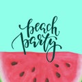 Vector print with slice of watermelon. The inscription, beach party. design for holiday greeting card and invitation of seasonal Royalty Free Stock Photo