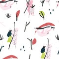 Vector print. Sloth, plants, leaves, snags seamless pattern