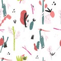 Vector print. Sloth, plants, leaves, snags seamless pattern
