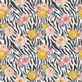 Vector print of zebra with flowers. Fashion background for fabric design. Hand drawn stylish seamless pattern. Royalty Free Stock Photo