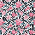 Vector print of zebra skin with flowers. Fashion background for fabric design. Seamless pattern. Royalty Free Stock Photo