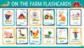 Flashcards with cartoon farm animals and barn, tractor, farmer