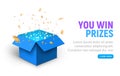 Vector prize gift box confetti explosion background. Open box winner reward