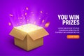 Vector prize gift box confetti explosion background. Open box winner reward
