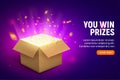Vector prize gift box confetti explosion background. Open box winner reward Royalty Free Stock Photo