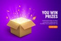 Vector prize gift box confetti explosion background. Open box winner reward Royalty Free Stock Photo