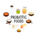 Vector probiotic foods. Best sources of probiotics. Beneficial bacteria improve health. Design is for label, brochure Royalty Free Stock Photo