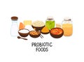 Vector probiotic foods. Best sources of probiotics. Beneficial bacteria improve health. Design is for label, brochure