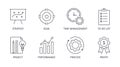 Vector productivity icons. Editable line stroke. Set of symbols business process system strategy performance profit. The goal of